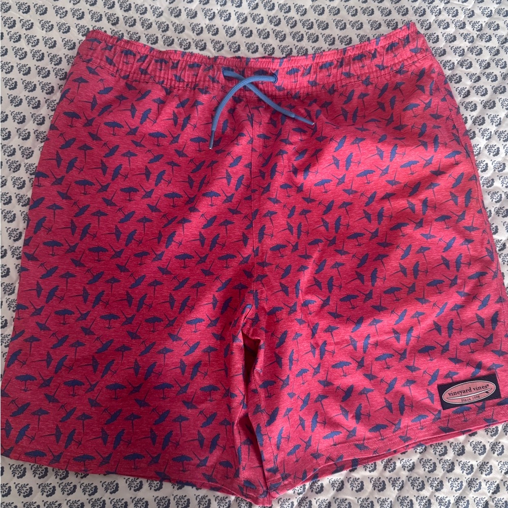 Vineyard Vines Coral Swim Shorts with Navy Pattern